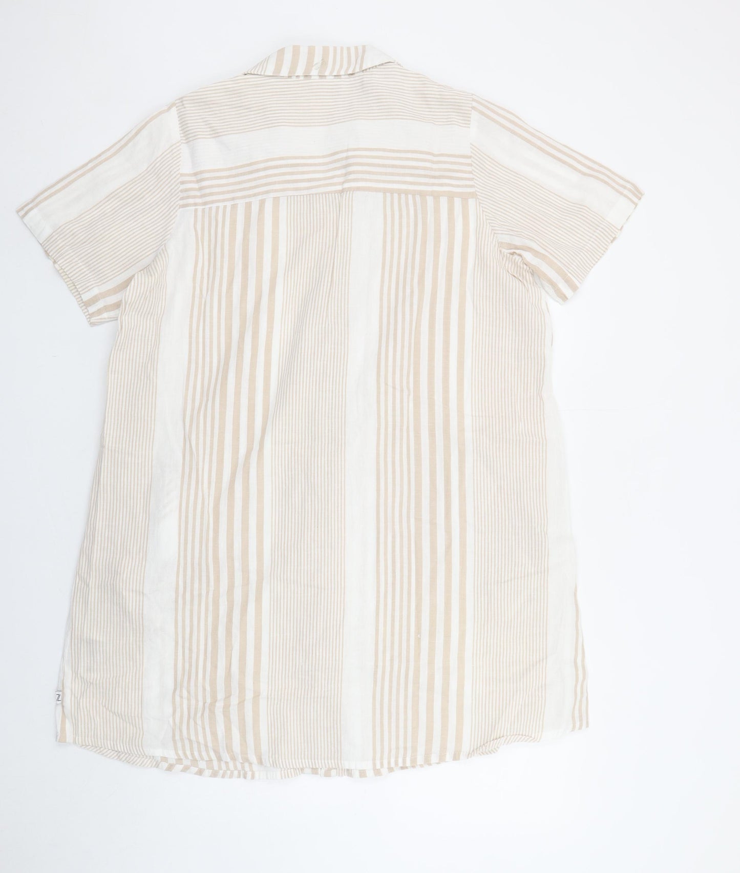 Zhenzi Women’s Beige Striped Shirt Dress Short Sleeve S Cotton Linen