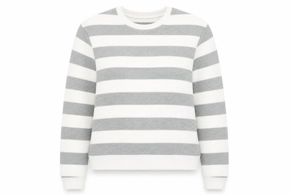 Front view of Louche women’s grey white striped pullover sweatshirt, size UK 14