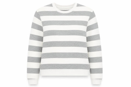 Front view of Louche women’s grey white striped pullover sweatshirt, size UK 14