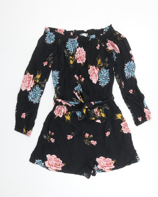 Miss Selfridge Women's Black Floral Off Shoulder Playsuit Size 8