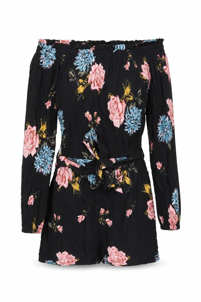 Miss Selfridge Women's Black Floral Off Shoulder Playsuit Size 8