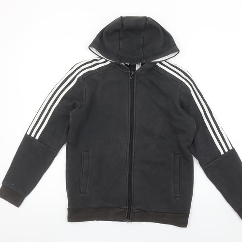 Adidas Boys Black Full Zip Hoodie Size 13-14Y Cotton Blend Sportswear