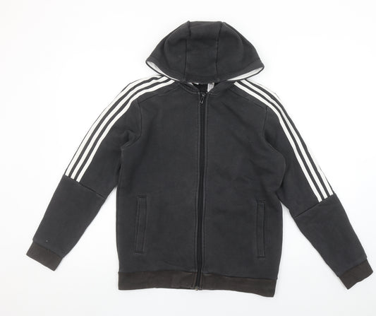 Adidas Boys Black Full Zip Hoodie Size 13-14Y Cotton Blend Sportswear