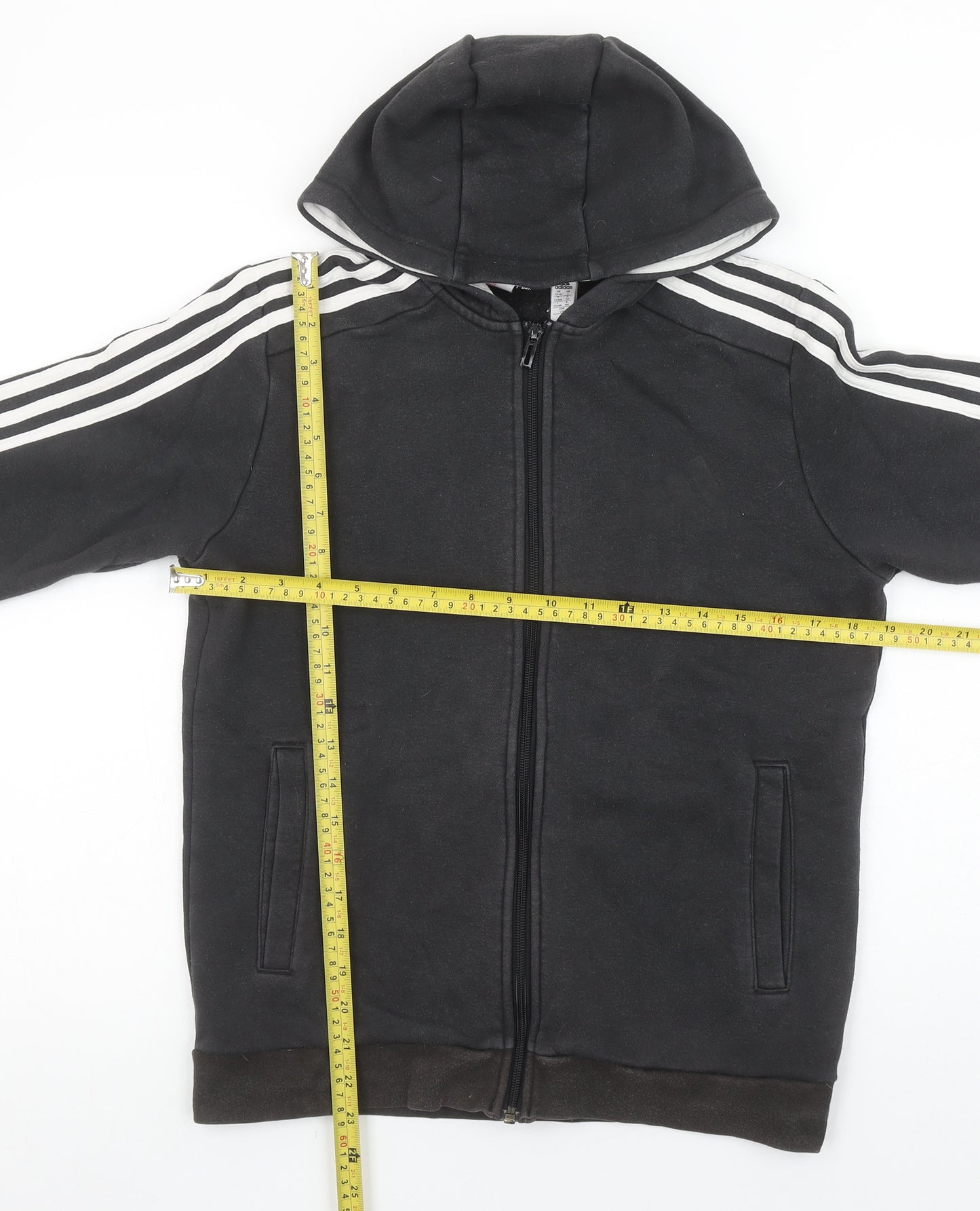 Adidas Boys Black Full Zip Hoodie Size 13-14Y Cotton Blend Sportswear