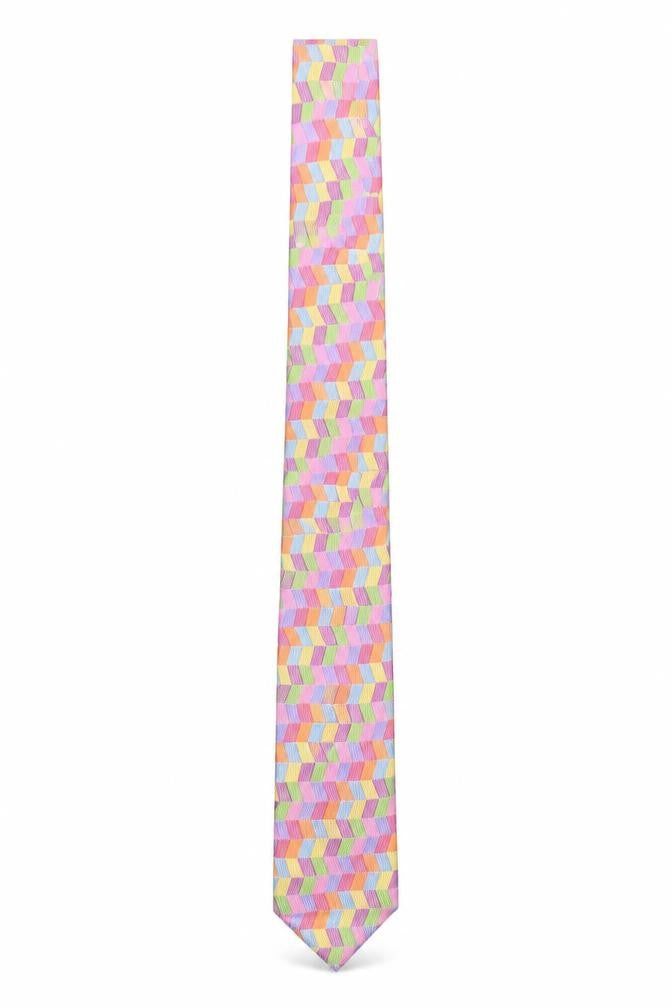Front view of Soprano Men's Multicoloured Geometric 100% Silk Slim Tie One Size