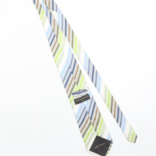 Robert Daniel Mens Blue Green Beige Striped Handmade 100% Silk Tie