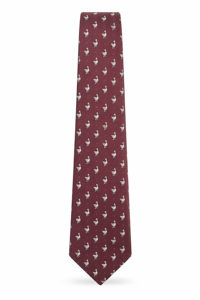 Front view of CommeSoie Men Burgundy Polyester Animal Print Tie 176cm