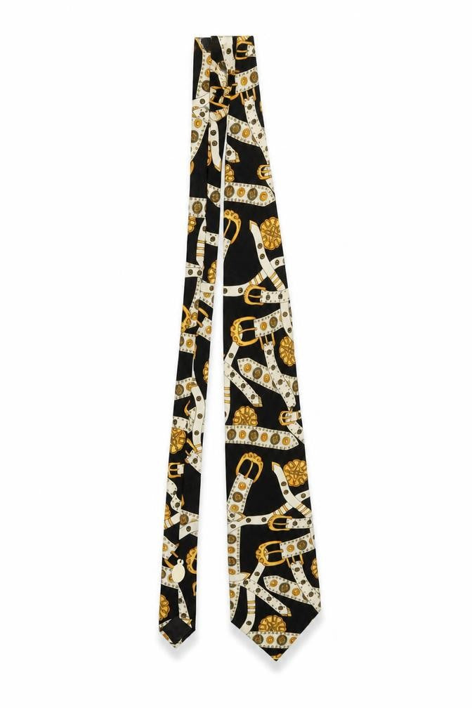 Front view of La Valière Paris Men's Black Gold Patterned Silk Tie 176cm