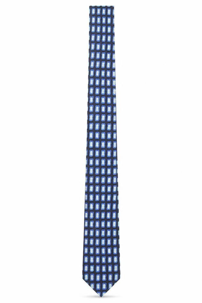 Front view of Renaissance Men's Blue Geometric Slim Tie 100% Polyester