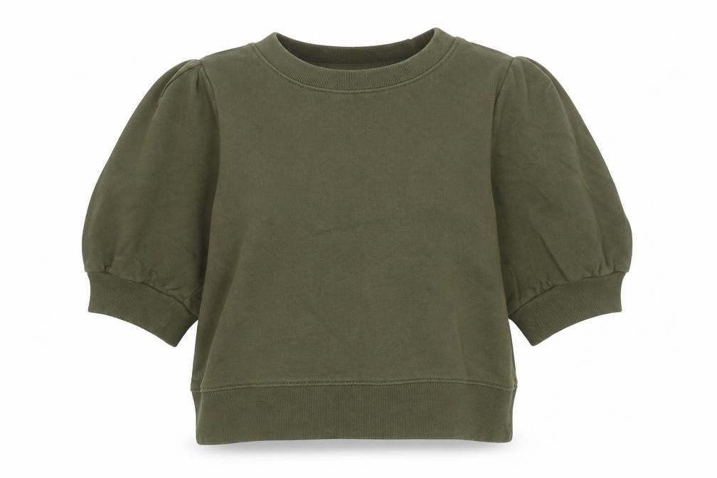 Front view of H&M Women's Khaki Green Short Sleeve Pullover Sweatshirt, size S