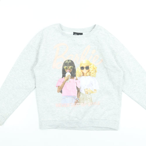 Barbie Girls Grey Pullover Sweatshirt 10 Years Graphic Print Cotton Blend