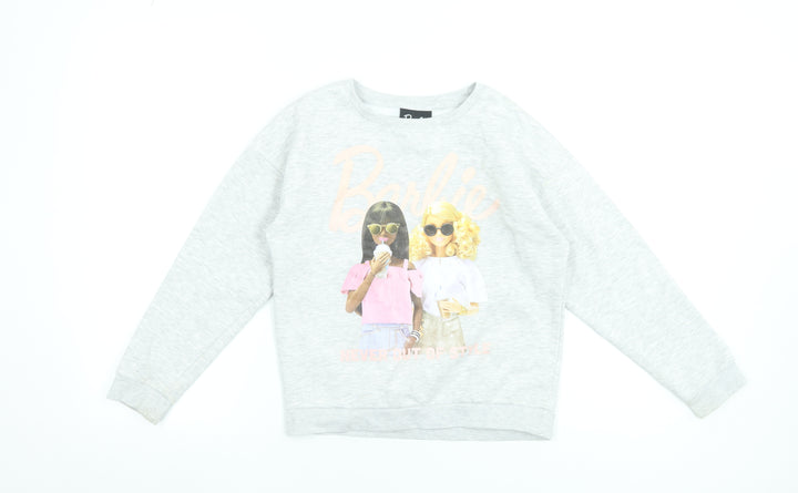 Barbie Girls Grey Pullover Sweatshirt 10 Years Graphic Print Cotton Blend