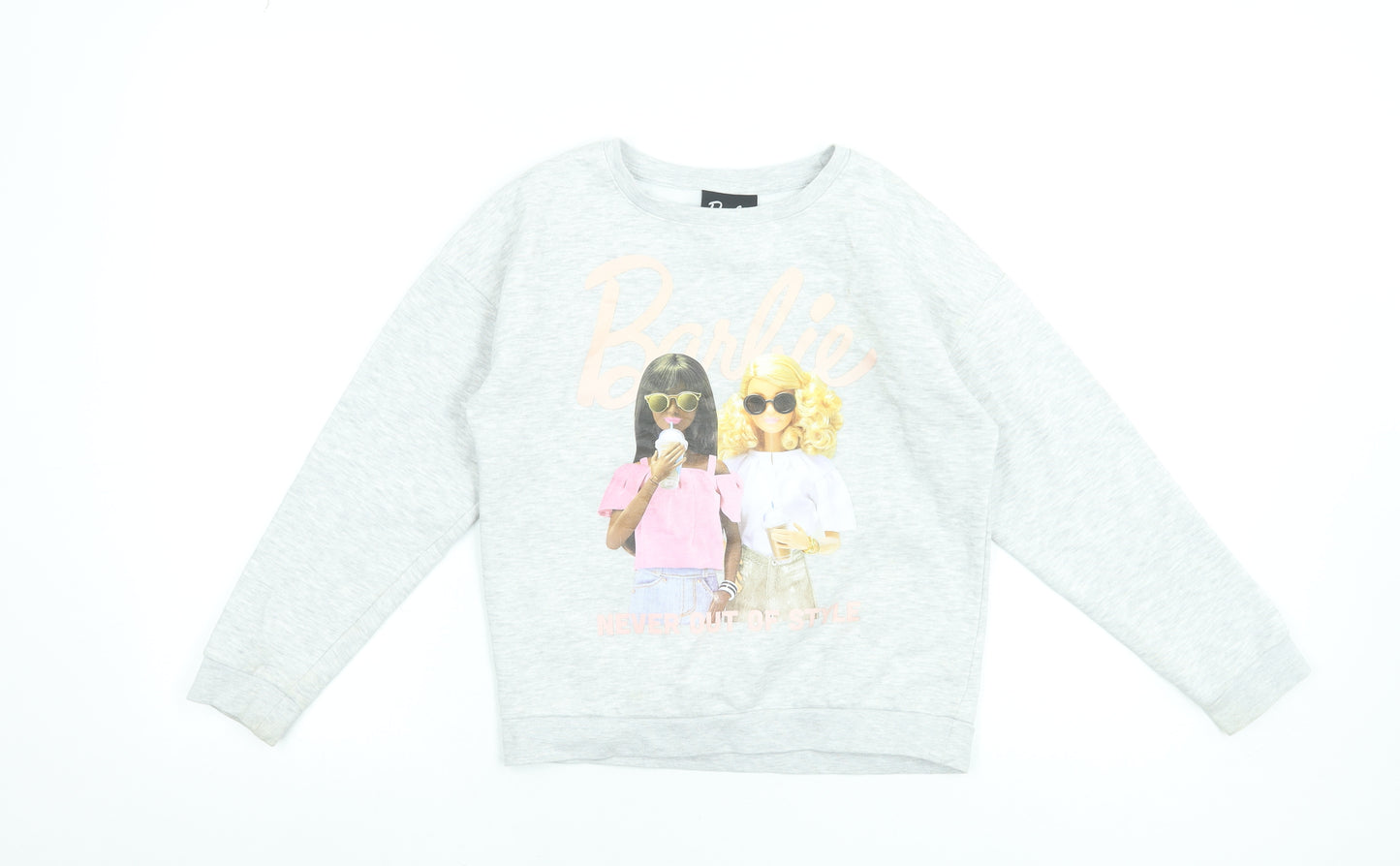 Barbie Girls Grey Pullover Sweatshirt 10 Years Graphic Print Cotton Blend