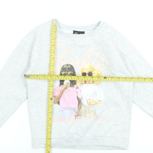 Barbie Girls Grey Pullover Sweatshirt 10 Years Graphic Print Cotton Blend