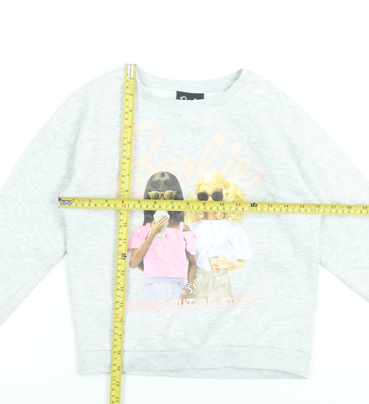 Barbie Girls Grey Pullover Sweatshirt 10 Years Graphic Print Cotton Blend
