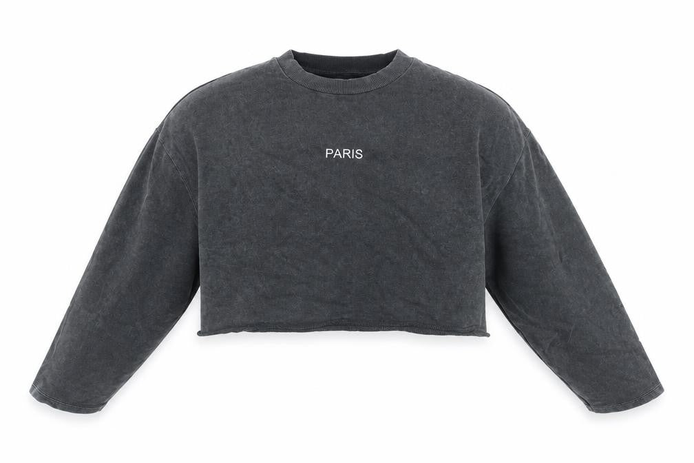 Front view of Topshop Women Grey Paris Cropped Pullover Sweatshirt UK 12 Cotton