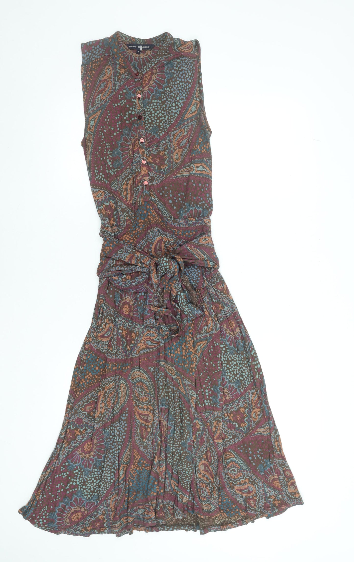 French Connection Women’s Multicoloured Paisley Sleeveless Belted Shirt Dress Size 6