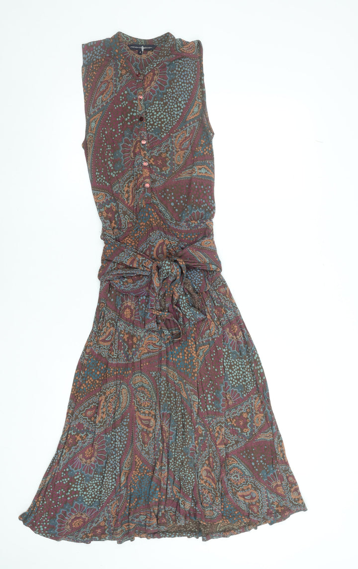 French Connection Women’s Multicoloured Paisley Sleeveless Belted Shirt Dress Size 6