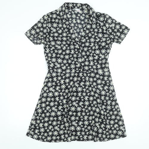 H&M Women’s Black Daisy Floral Fit & Flare Shirt Dress Size 12