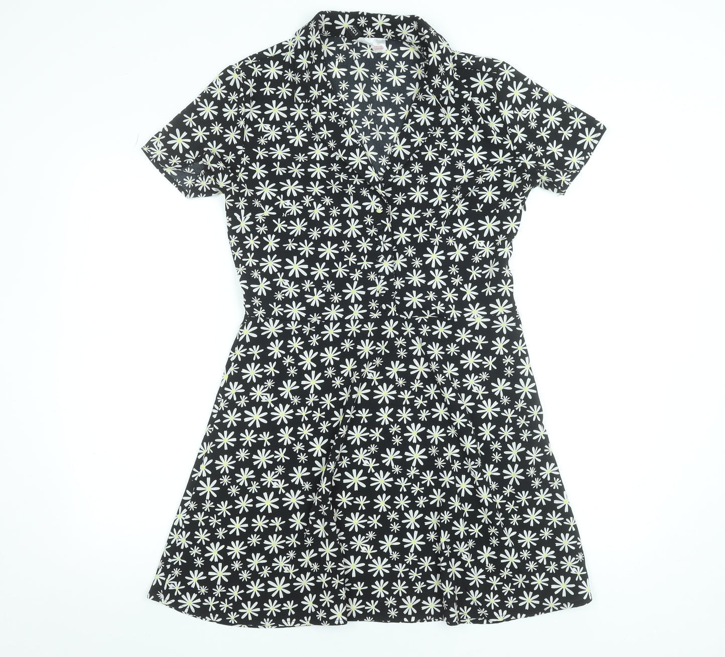 H&M Women’s Black Daisy Floral Fit & Flare Shirt Dress Size 12