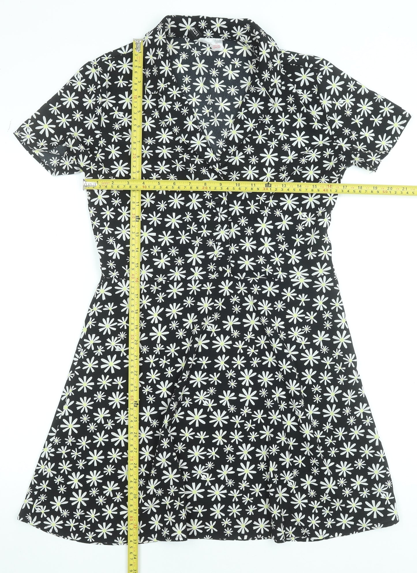 H&M Women’s Black Daisy Floral Fit & Flare Shirt Dress Size 12
