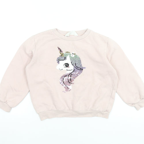H&M Girls Pink Unicorn Sequin Pullover Sweatshirt 7-8 Years