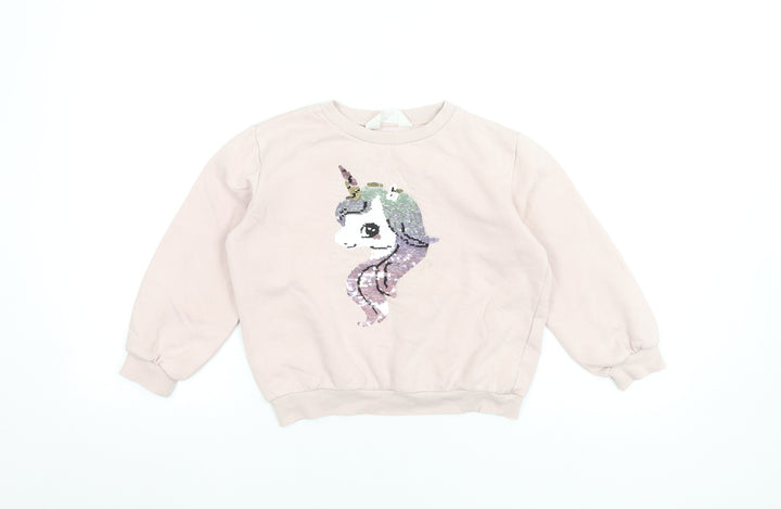 H&M Girls Pink Unicorn Sequin Pullover Sweatshirt 7-8 Years