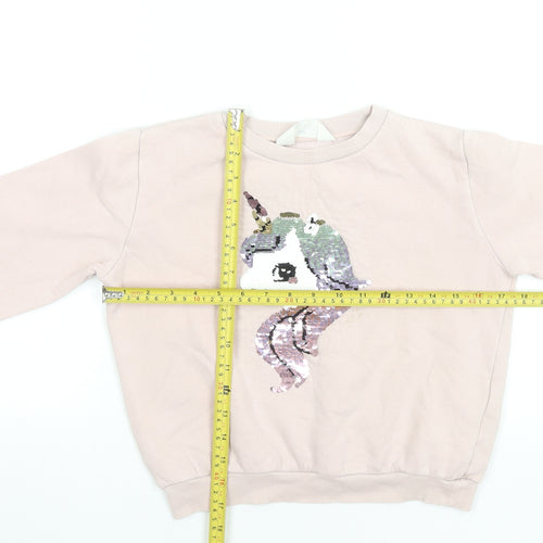 H&M Girls Pink Unicorn Sequin Pullover Sweatshirt 7-8 Years
