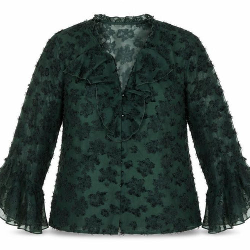 Gallery Women’s Green Floral Chiffon Ruffle Blouse Size 12