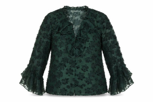 Front view of Gallery Women’s Green Floral Chiffon Ruffle Blouse, size UK 12
