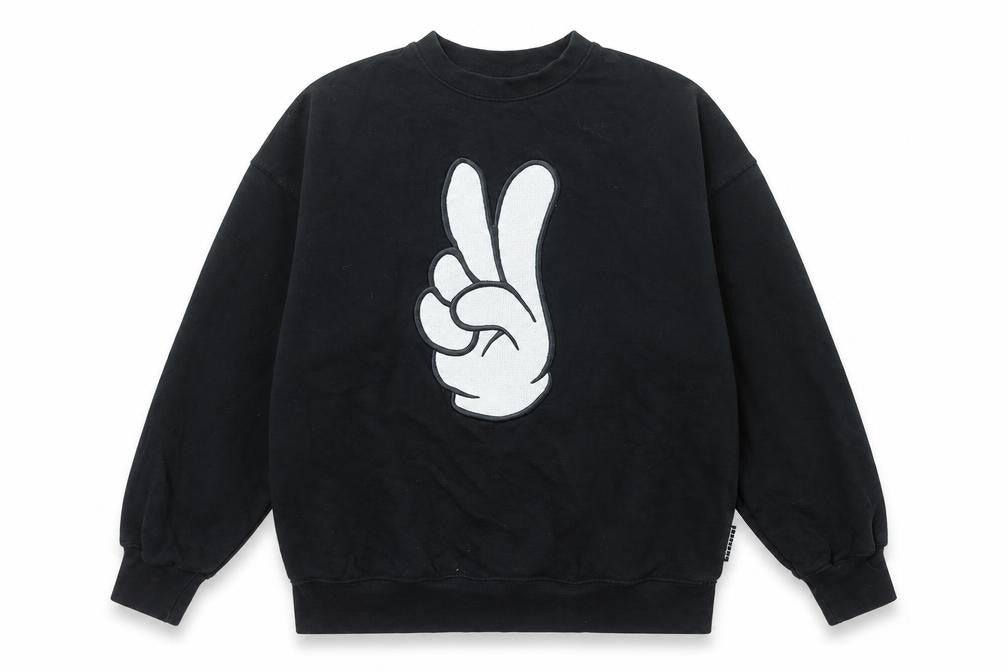 Front view of Molo boys’ black cotton crew neck pullover sweatshirt, size 146