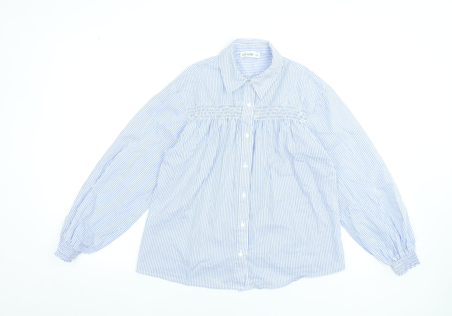 Gallery Women Blue Striped Cotton Blend Long Sleeve Blouse UK 10