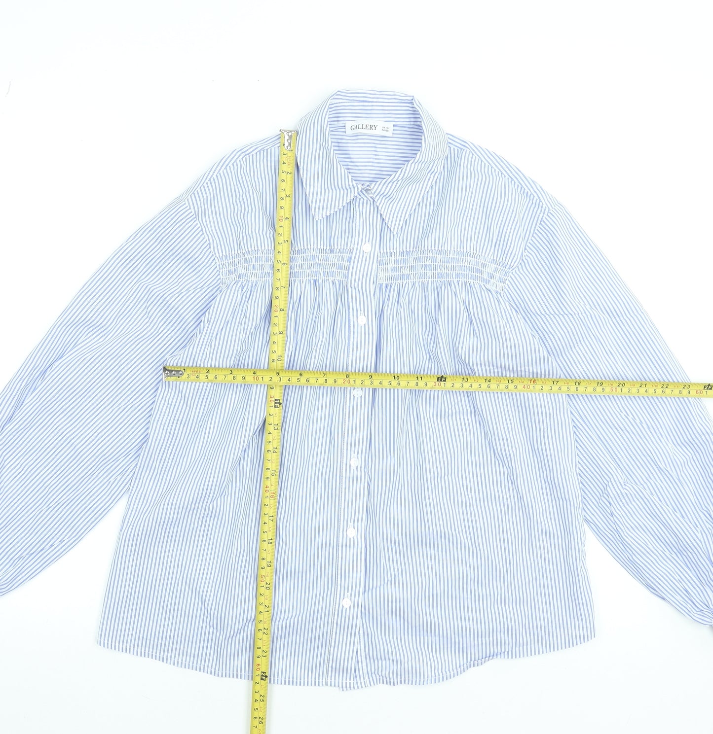 Gallery Women Blue Striped Cotton Blend Long Sleeve Blouse UK 10