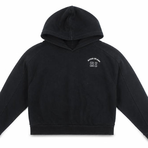 River Island Girls Black Hoodie 11-12 Years Pullover Logo Cotton Blend