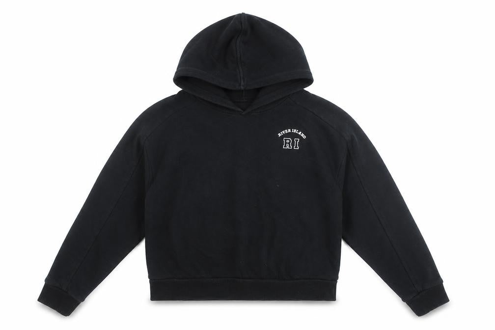 River Island Girls Black Hoodie 11-12 Years Pullover Logo Cotton Blend