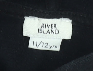 River Island Girls Black Hoodie 11-12 Years Pullover Logo Cotton Blend