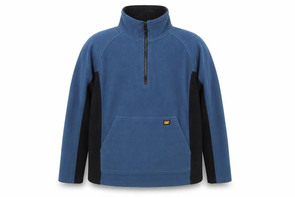 Front view of CAT Men's Blue Fleece 1/2 Zip Pullover Sweatshirt, size M