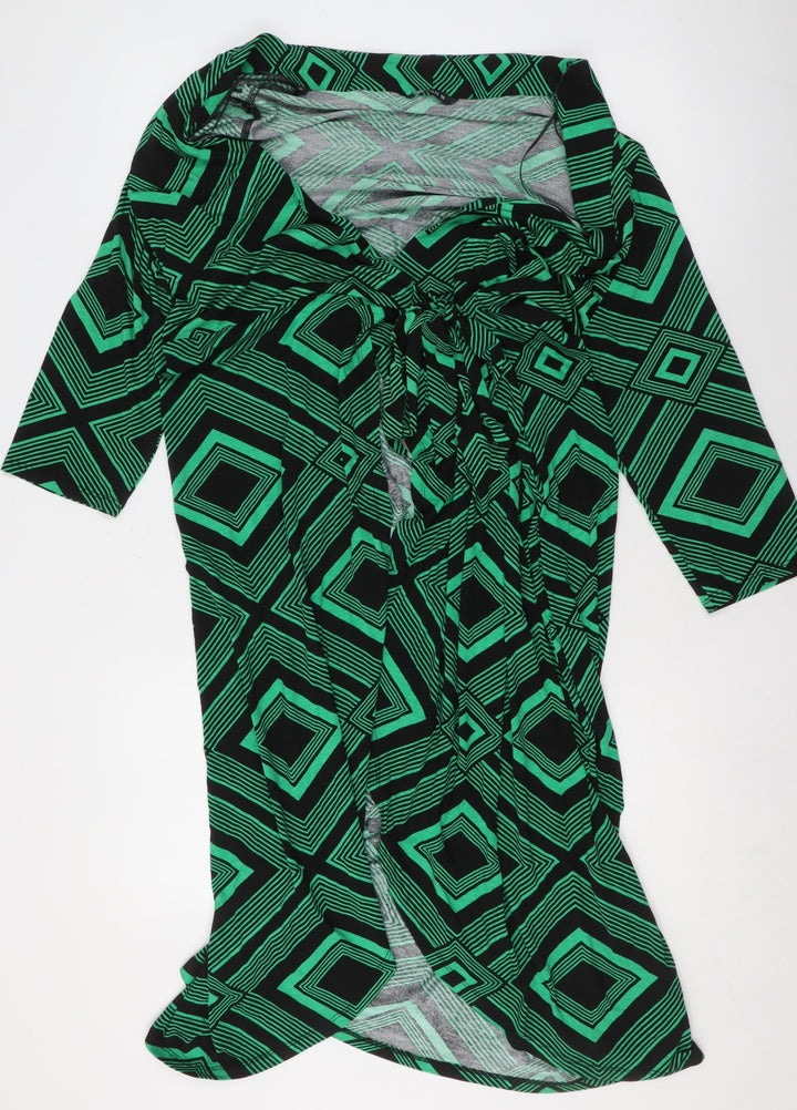 Roman Women Green Geometric Wrap Dress Size 16 Viscose Jersey