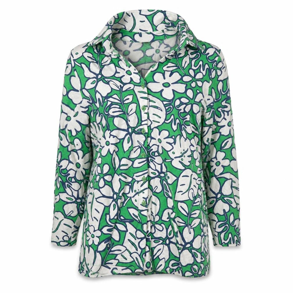Barbara Lebek Women’s Green Floral Button-Up Tunic Top Size 10