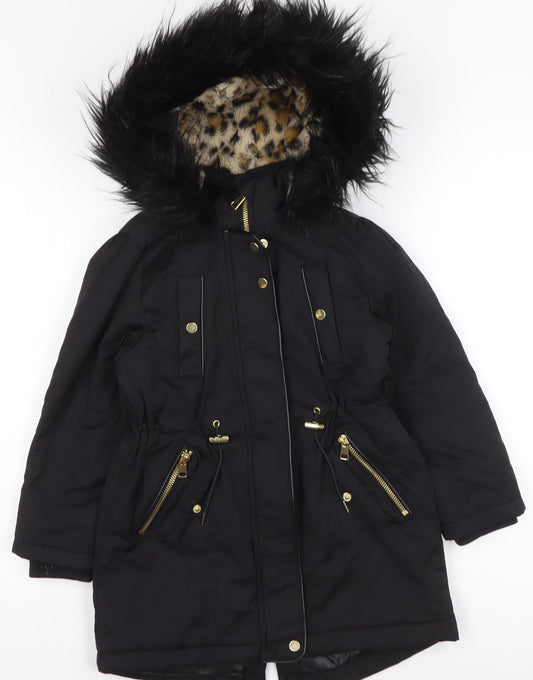 Next Girls Black Faux Fur Trim Hooded Parka Coat 6 Years Winter Jacket