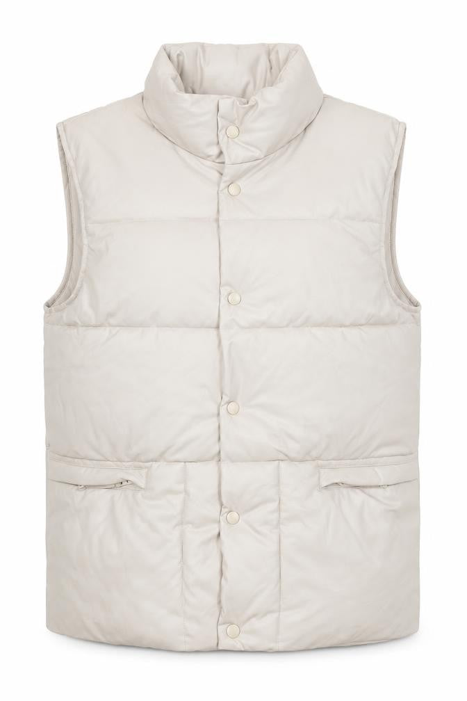 Front view of Topfeeling Women's Beige Puffer Waistcoat, size 14, Lined Polyester