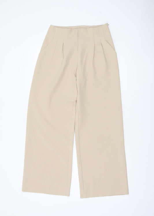 Boohoo Women’s Beige Wide-Leg High-Rise Trousers UK 6 Polyester Blend