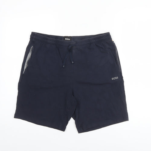 BOSS Men's Navy Blue Cotton Blend Sweat Shorts L Drawstring Waist