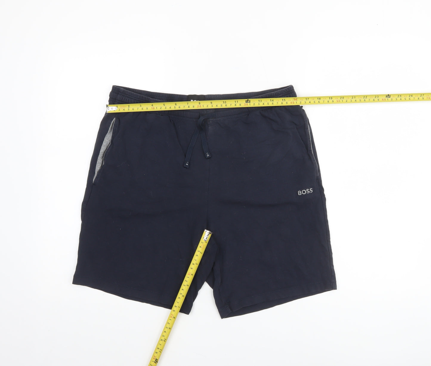 BOSS Men's Navy Blue Cotton Blend Sweat Shorts L Drawstring Waist