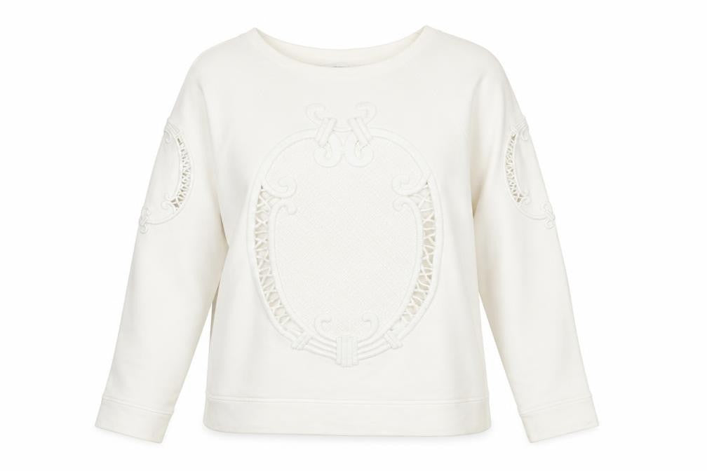 Front view of Zara W&B Collection Women Ivory Long Sleeve Pullover Sweatshirt, size M