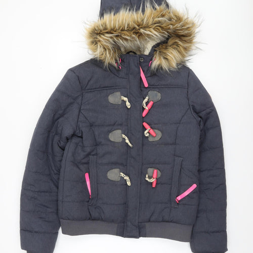 Superdry Women Grey Faux Fur Hooded Puffer Jacket L