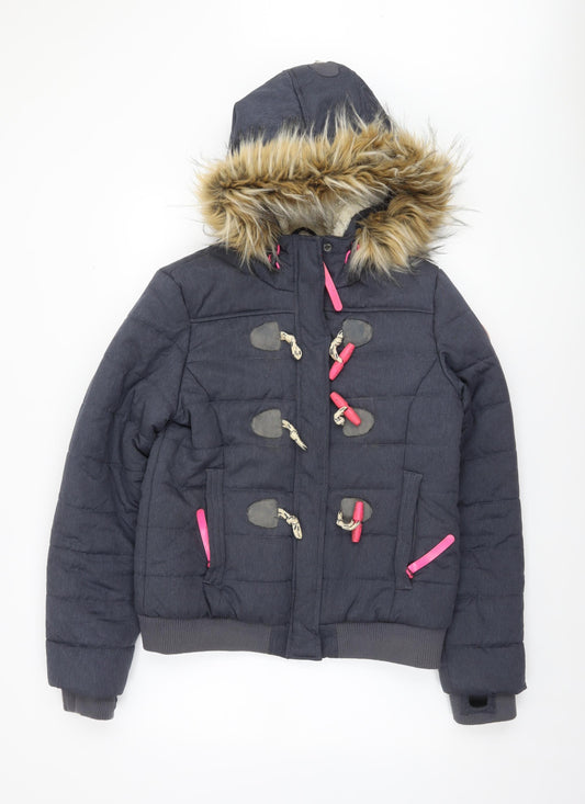 Superdry Women Grey Faux Fur Hooded Puffer Jacket L