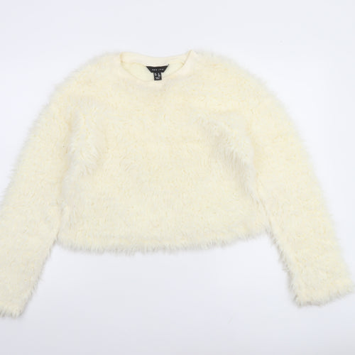 New Look Women Ivory Faux Fur Long Sleeve Pullover Sweatshirt Size M
