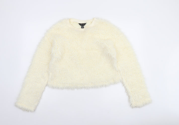 New Look Women Ivory Faux Fur Long Sleeve Pullover Sweatshirt Size M