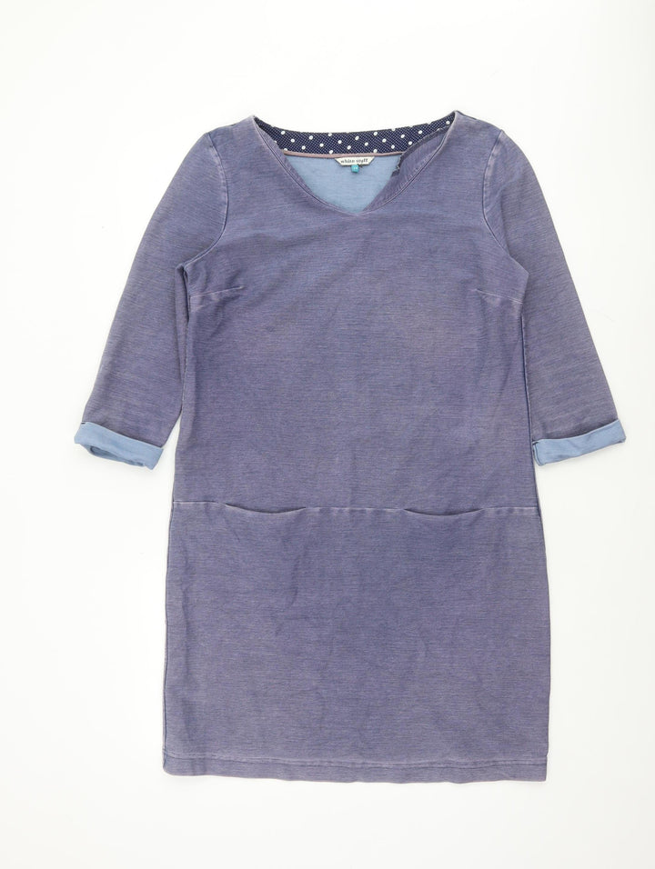 White Stuff Women's Blue 3/4 Sleeve Shift Dress Size 14 Cotton Blend